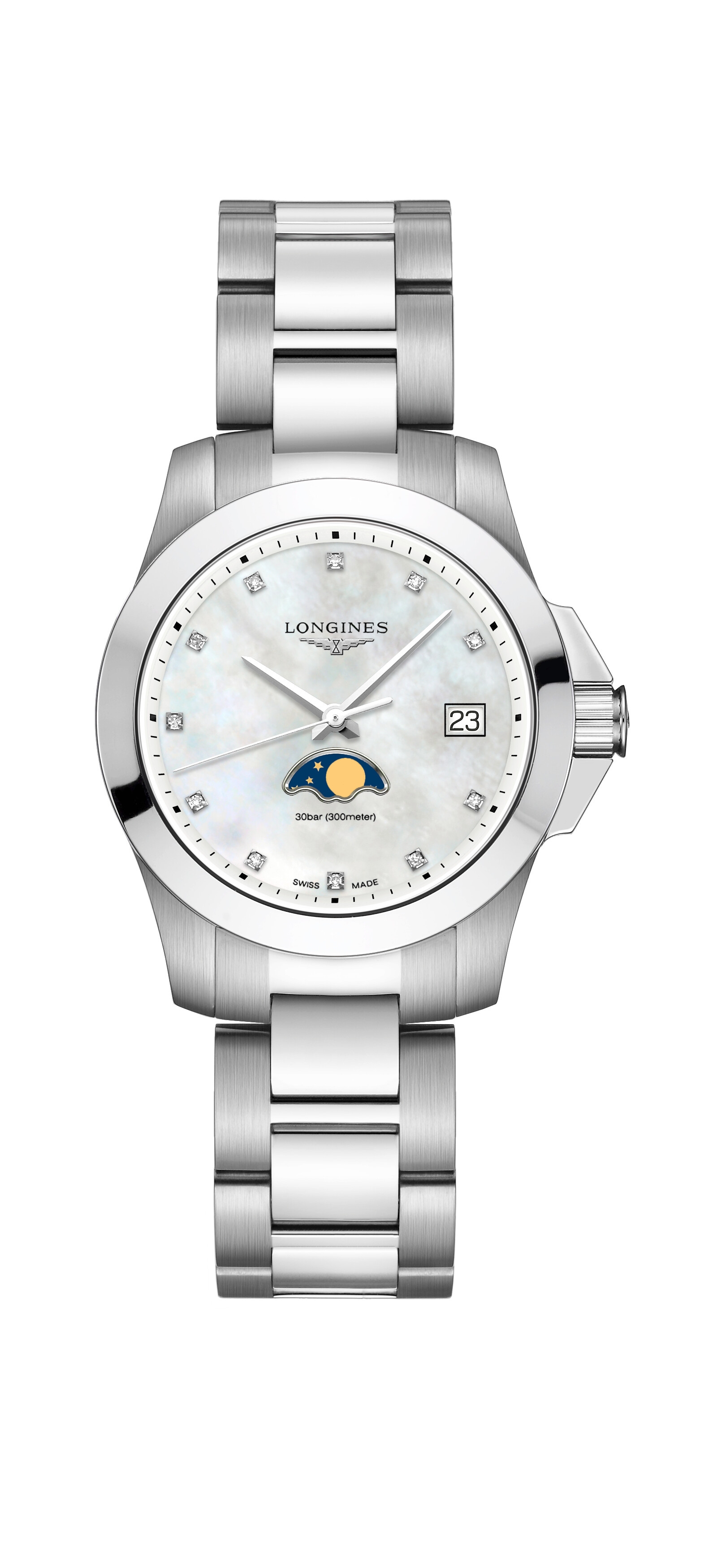 Longines L3.381.4.87.6 : Conquest 34 Quartz Moonphase Stainless Steel / MOP / Bracelet