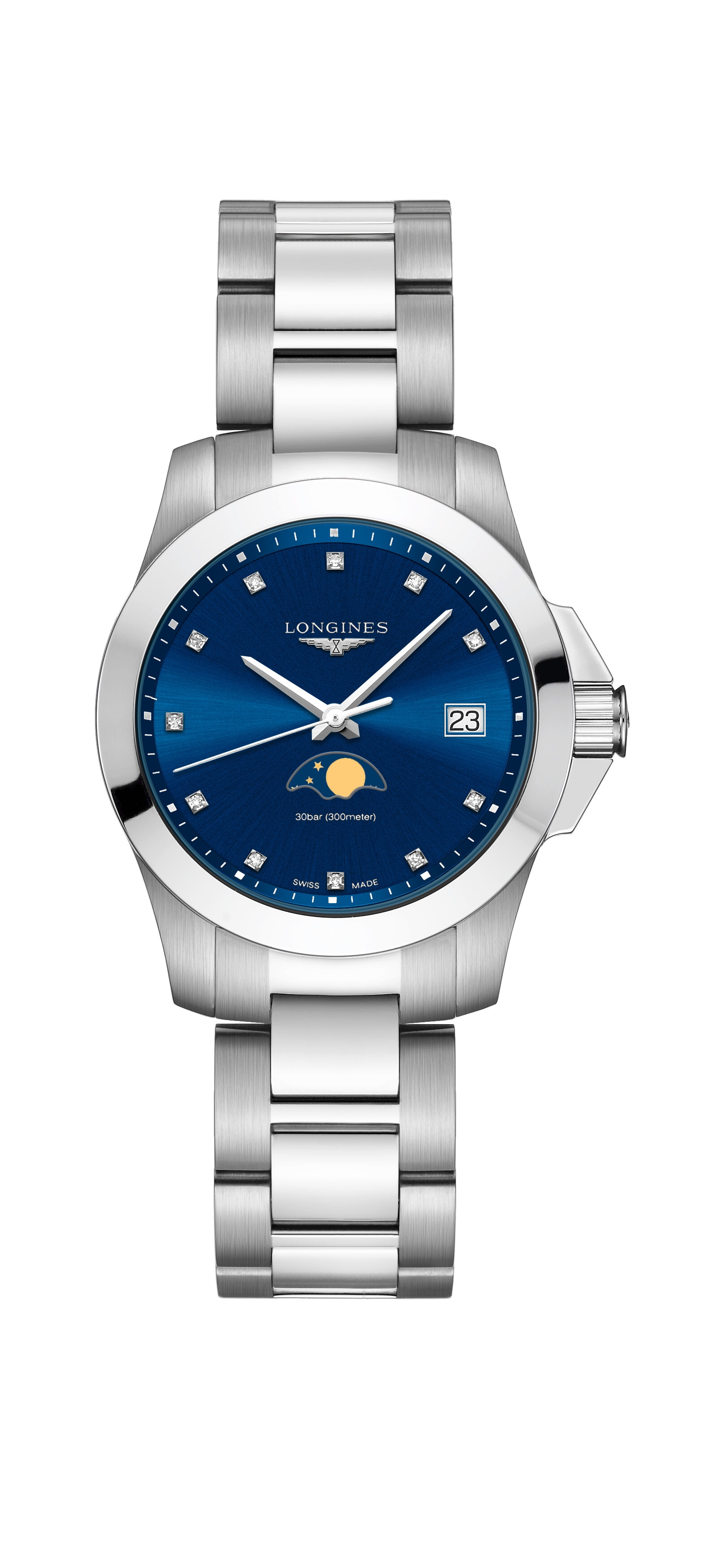 Longines L3.381.4.97.6 : Conquest 34 Quartz Moonphase Stainless Steel / Blue / Bracelet