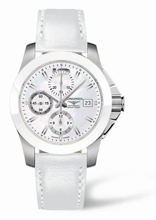 Longines L3.661.4.86.0 : Conquest Chronograph White Ceramic Leather