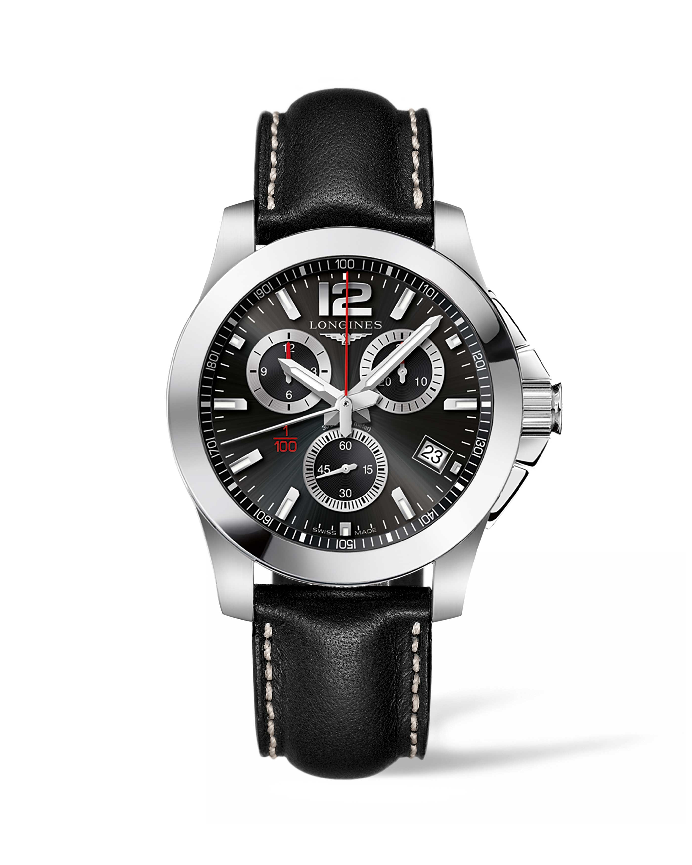 Longines L3.700.4.56.3 : Conquest Chronograph Quartz 41 Stainless Steel / Black / Strap