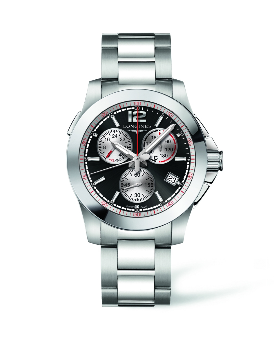 Longines L3.701.4.56.6 : Conquest Chronograph Quartz Jumping 41 Stainless Steel / Black / Bracelet