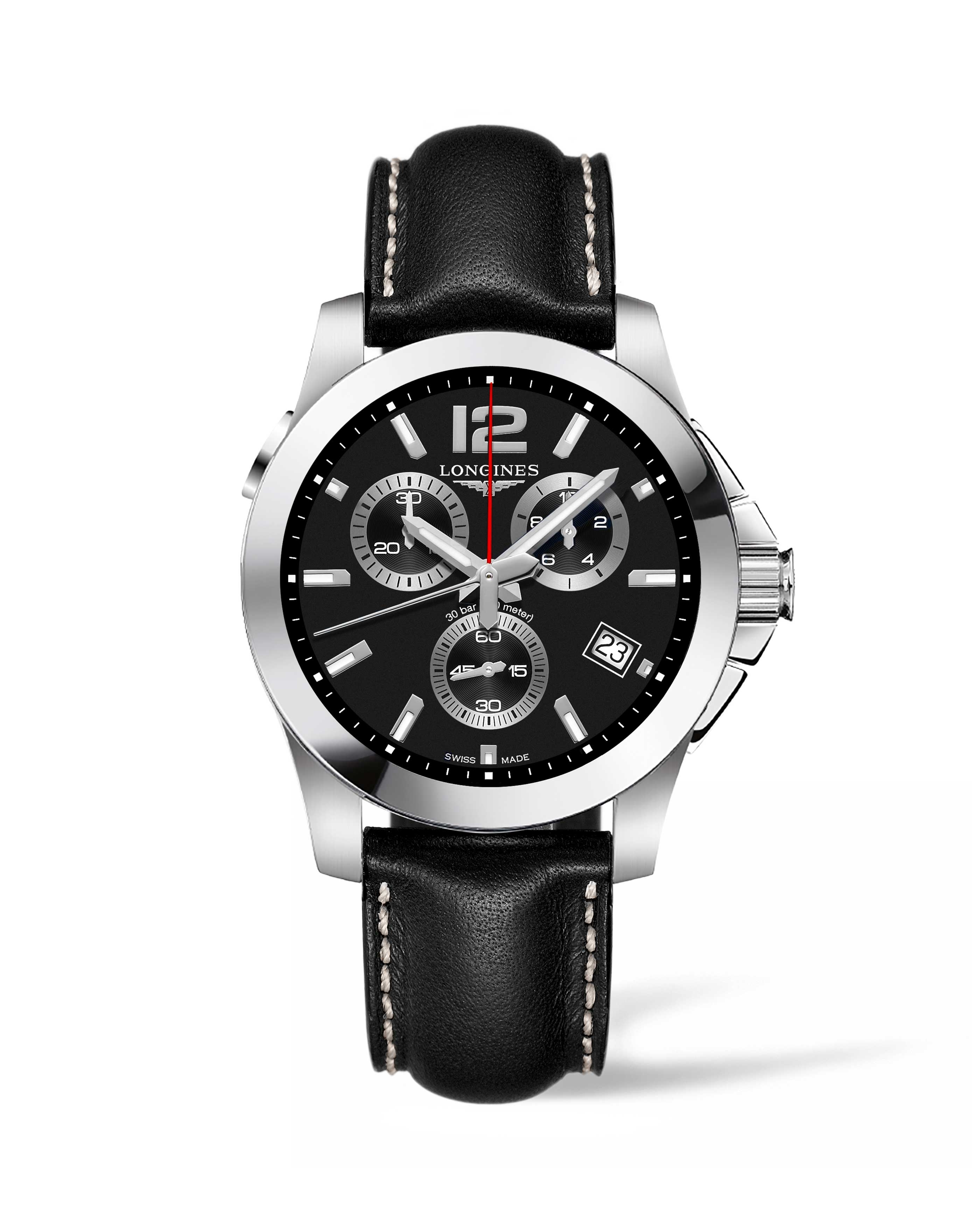 Longines L3.702.4.56.3 : Conquest Chronograph Quartz 41 Stainless Steel / Black / Strap