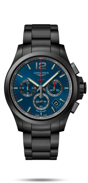 Longines L3.717.2.96.6 : Conquest V.H.P. Chronograph 42 PVD / Blue / Bracelet