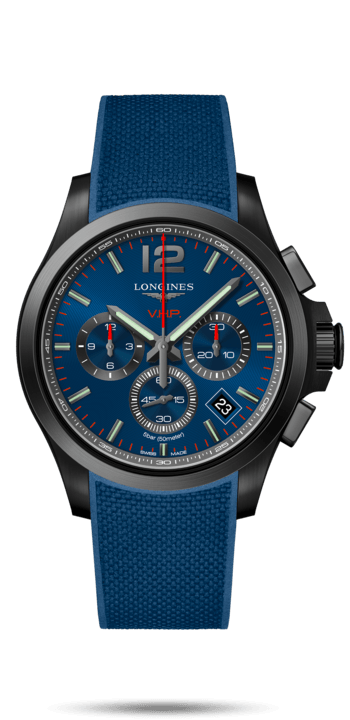 Longines L3.717.2.96.9 : Conquest V.H.P. Chronograph 42 PVD / Blue / Rubber