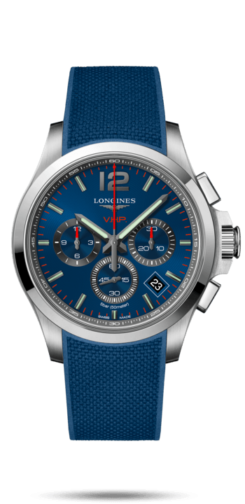 Longines L3.717.4.96.9 : Conquest V.H.P. Chronograph 42 Stainless Steel / Blue / Rubber