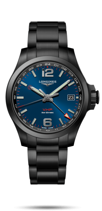 Longines L3.718.2.96.6 : Conquest V.H.P. GMT 41 PVD / Blue / Bracelet