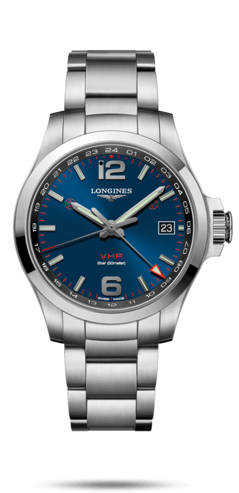 Longines L3.718.4.96.6 : Conquest V.H.P. GMT 41 Stainless Steel / Blue / Bracelet
