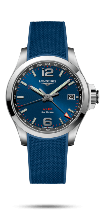Longines L3.718.4.96.9 : Conquest V.H.P. GMT 41 Stainless Steel / Blue / Rubber