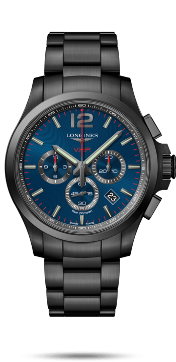 Longines L3.727.2.96.6 : Conquest V.H.P. Chronograph 44 PVD / Blue / Bracelet