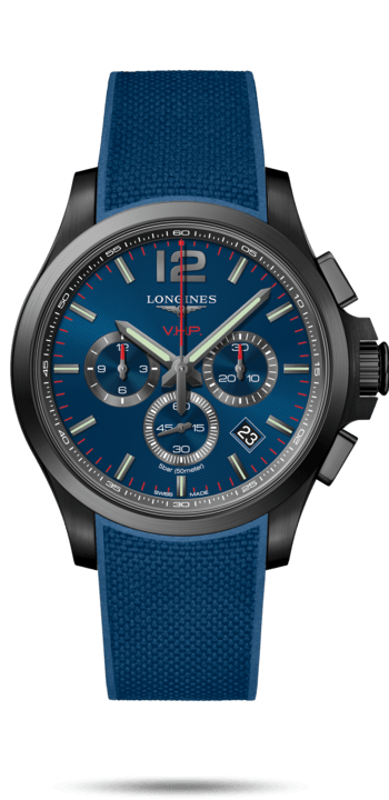 Longines L3.727.2.96.9 : Conquest V.H.P. Chronograph 44 PVD / Blue / Rubber