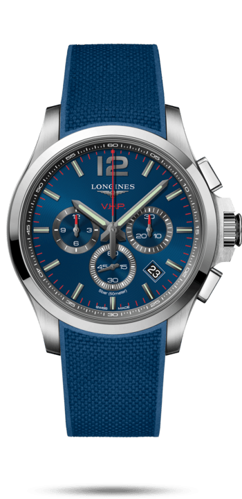 Longines L3.727.4.96.9 : Conquest V.H.P. Chronograph 44 Stainless Steel / Blue / Rubber