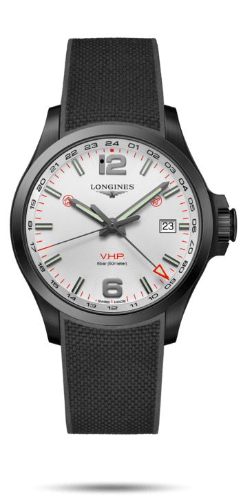 Longines L3.728.2.76.9 : Conquest V.H.P. GMT 43 PVD / Silver / Rubber