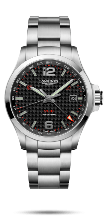 Longines L3.728.4.66.6 : Conquest V.H.P. GMT 43 Stainless Steel / Carbon / Bracelet
