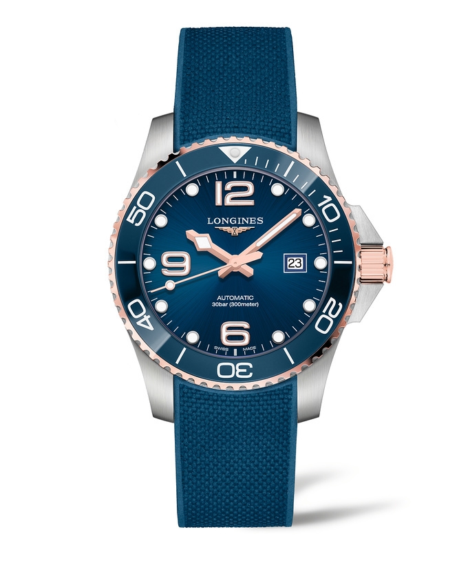 Longines L3.782.3.98.9 : HydroConquest 43 Automatic Stainless Steel - Pink Gold / Blue / Rubber