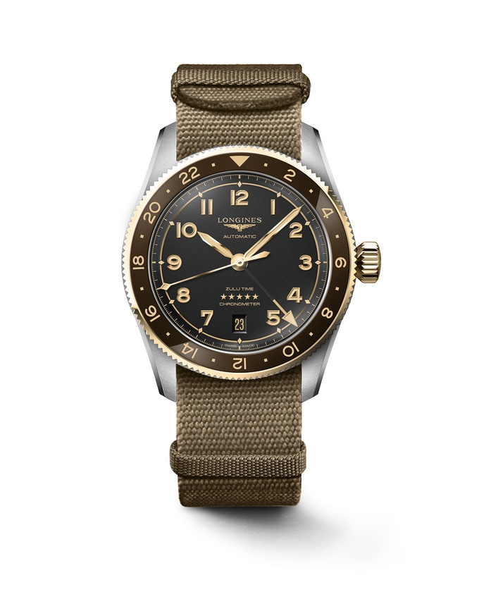 Longines L3.802.5.53.9 : Spirit Zulu Time 39 Stainless Steel - Yellow Gold / Anthracite / NATO