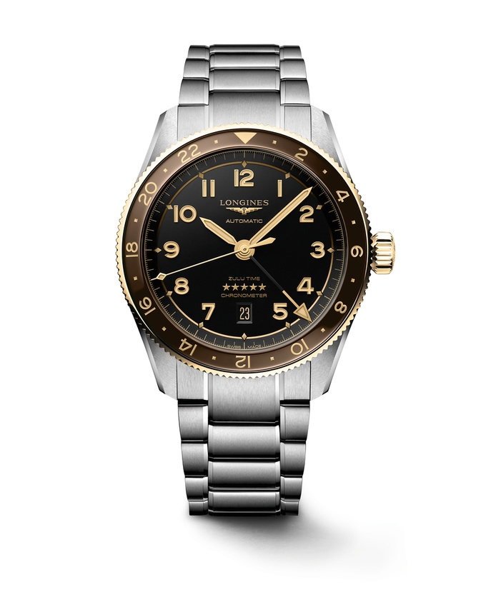 Longines L3.812.5.53.6 : Spirit Zulu Time 42 Stainless Steel - Yellow Gold / Anthracite / Bracelet