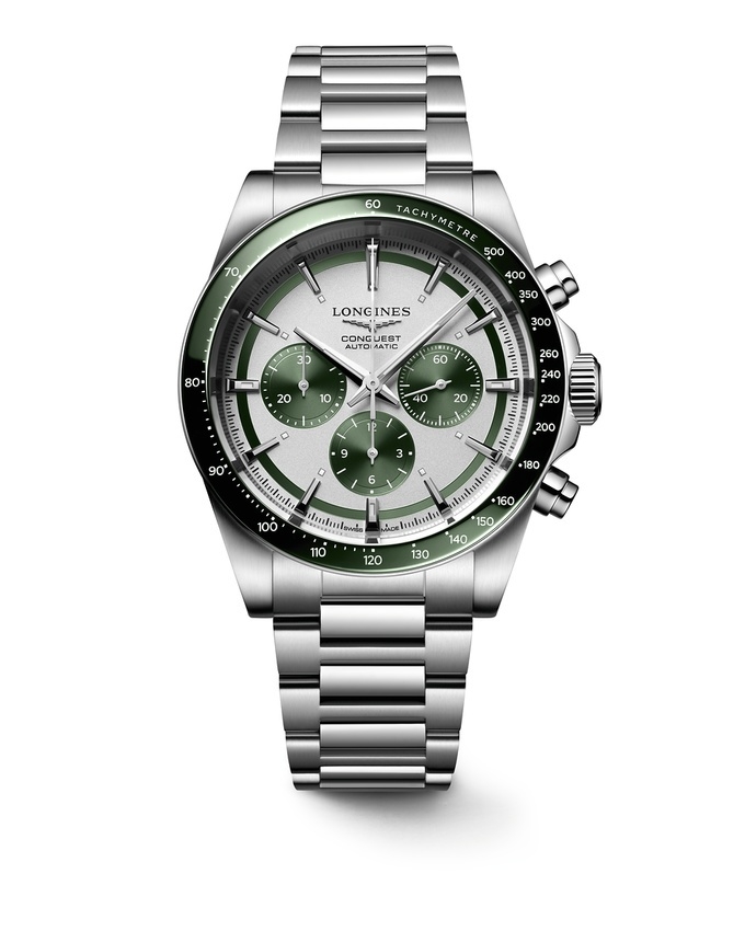 Longines L3.835.4.02.6 : Conquest Chronograph 42 Stainless Steel / Silver - Green / Bracelet