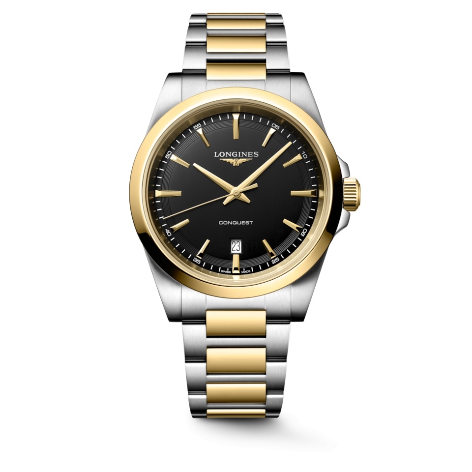 Longines L3.860.3.52.7 : Conquest Quartz 41 Stainless Steel - Yellow Gold / Black  / Bracelet