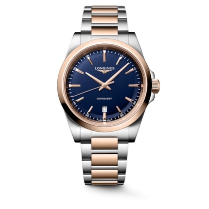 Longines L3.860.3.98.7 : Conquest Quartz 41 Stainless Steel - Red Gold / Blue / Bracelet