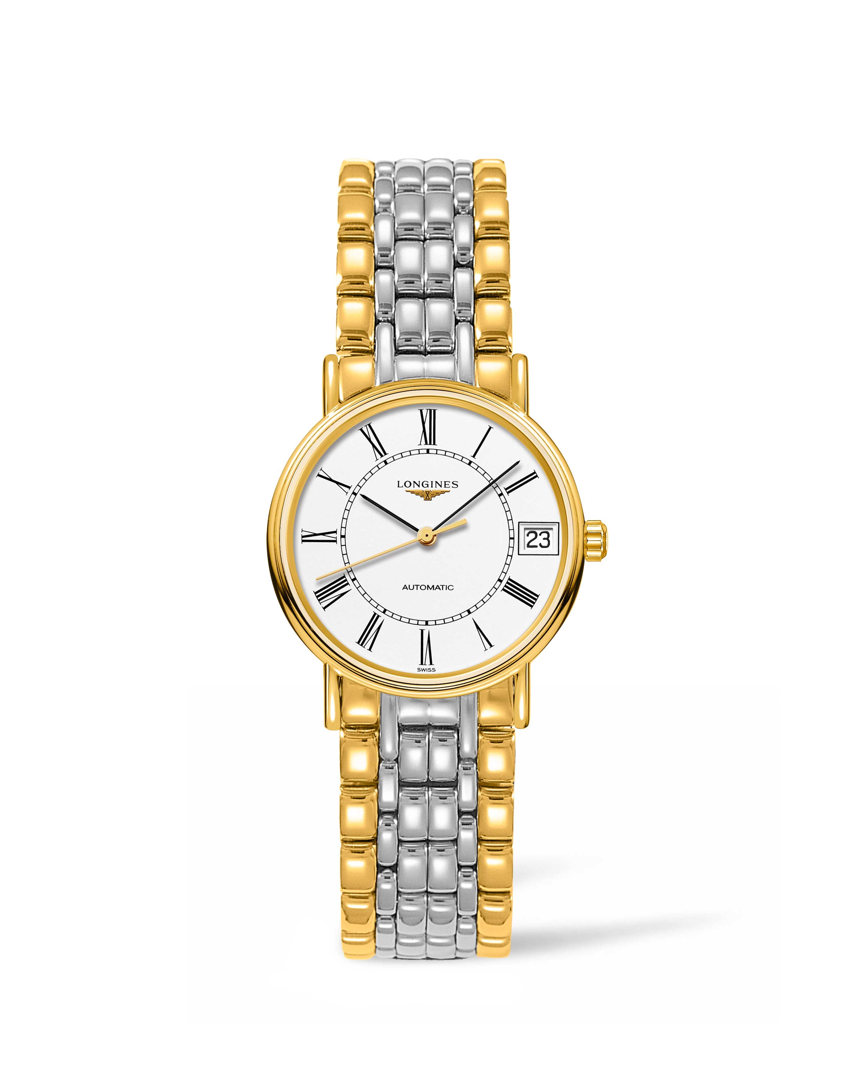 Longines L4.322.2.11.7 : Presence Automatic 30 PVD Gold / White - Roman / Bracelet