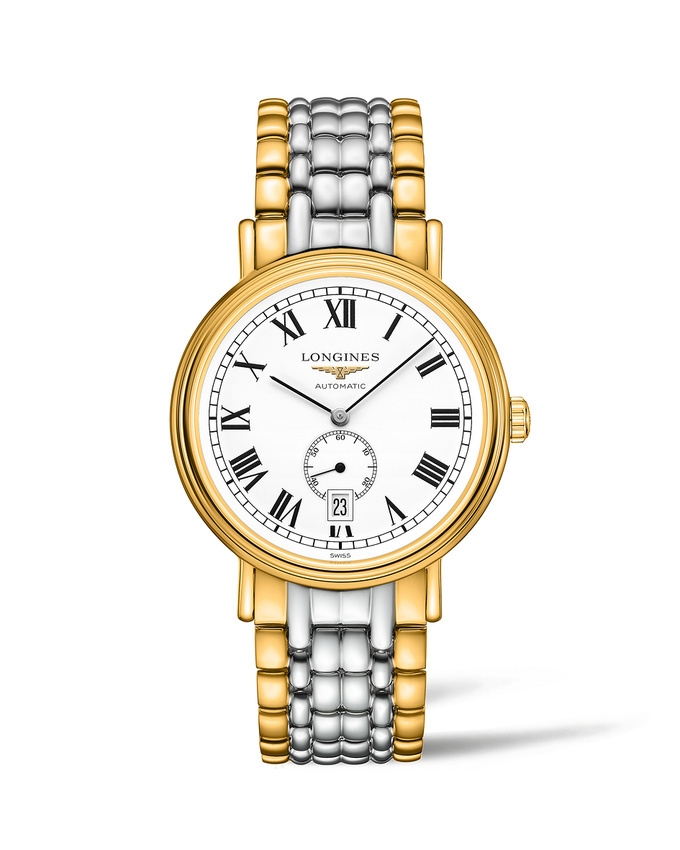 Longines L4.905.2.11.7 : Presence 40 Small Seconds PVD Gold / White - Roman / Bracelet
