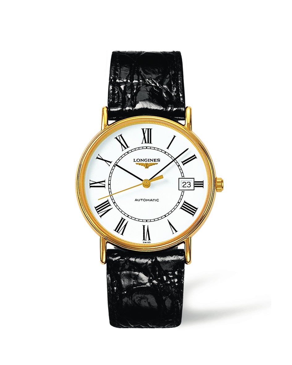 Longines L4.921.2.11.2 : Presence 38.5 Automatic PVD Gold / White - Roman / Strap