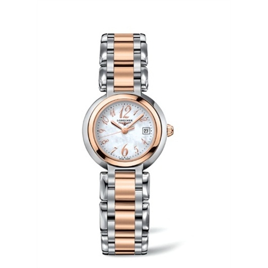 Longines L8.110.5.83.6 : PrimaLuna Quartz 26.5 Stainless Steel / Pink Gold / MOP - Arabic / Bracelet