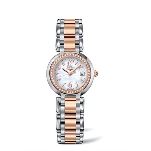 Longines L8.110.5.88.6 : PrimaLuna Quartz 26.5 Stainless Steel / Pink Gold / Diamond / MOP - Arabic / Bracelet