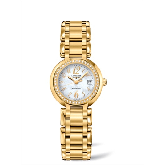 Longines L8.111.7.83.6 : PrimaLuna Automatic 26.5 Yellow Gold Diamond Funky MOP
