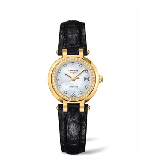 Longines L8.111.7.87.2 : PrimaLuna Automatic 26.5 Yellow Gold Diamond Leather MOP