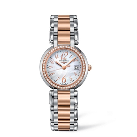 Longines L8.112.5.88.6 : PrimaLuna Quartz 30 Stainless Steel / Pink Gold / Diamond / MOP - Arabic / Bracelet