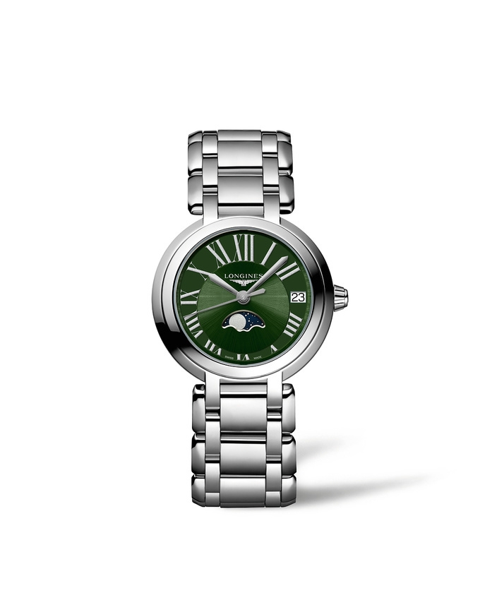 Longines L8.115.4.61.6 : PrimaLuna 30.5 Quartz Moonphase Stainless Steel / Green - Roman / Bracelet