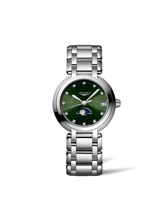Longines L8.115.4.67.6 : PrimaLuna 30.5 Quartz Moonphase Stainless Steel / Green - Diamond / Bracelet