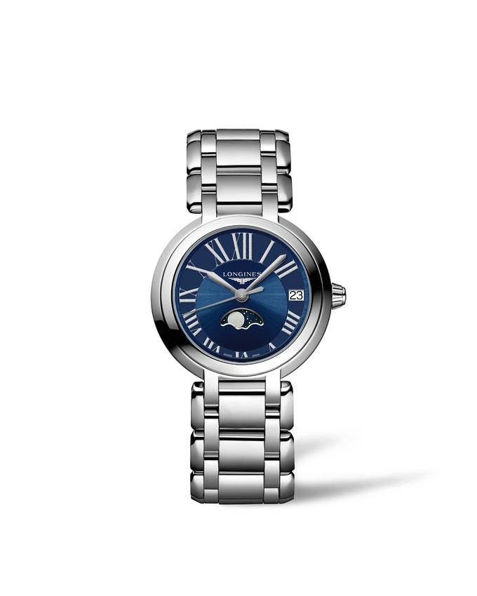 Longines L8.115.4.91.6 : PrimaLuna 30.5 Quartz Moonphase Stainless Steel / Blue - Roman / Bracelet