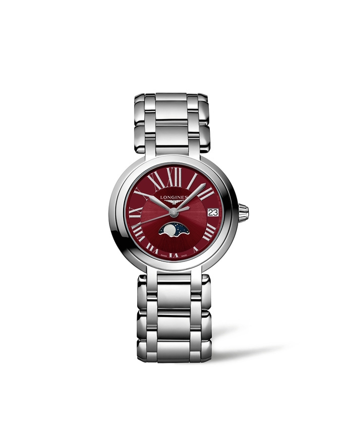 Longines L8.115.4.92.6 : PrimaLuna 30.5 Quartz Moonphase Stainless Steel / Red - Roman / Bracelet