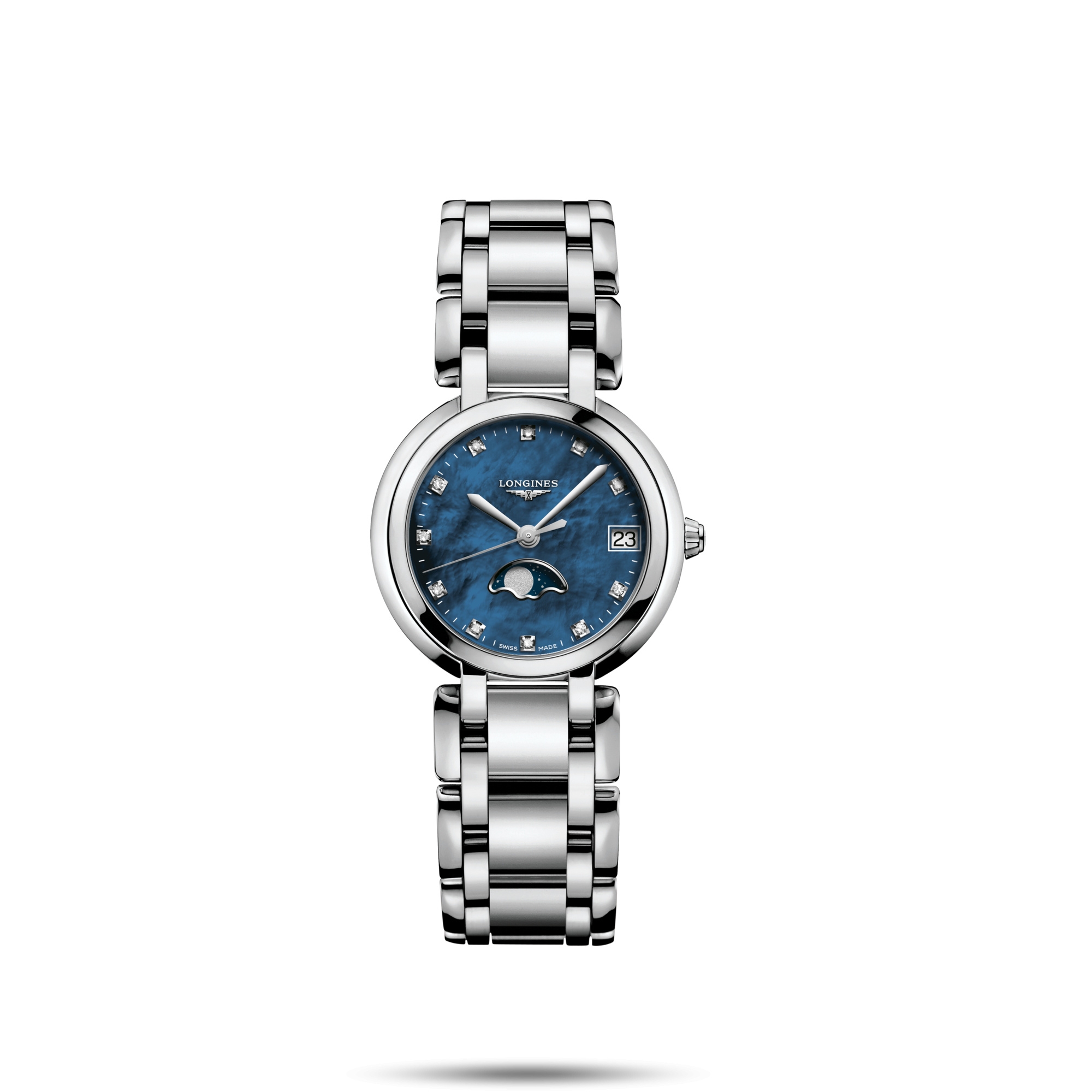 Longines L8.115.4.98.6 : PrimaLuna 30.5 Quartz Moonphase Stainless Steel / Blue MOP / Bracelet