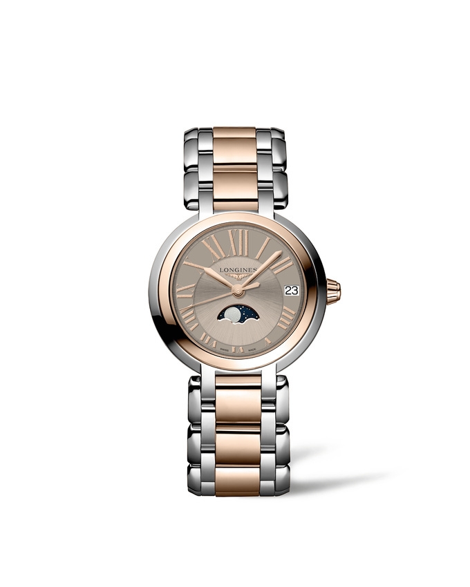 Longines L8.115.5.61.7 : PrimaLuna 30.5 Quartz Moonphase Stainless Stee - Pink Gold / Taupe - Roman / Bracelet