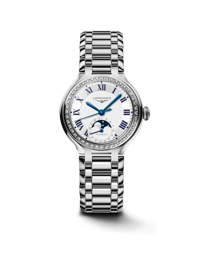 Longines L8.126.0.71.6 : PrimaLuna 34 Automatic Moonphase Stainless Steel - Diamond / Silver - Roman / Bracelet