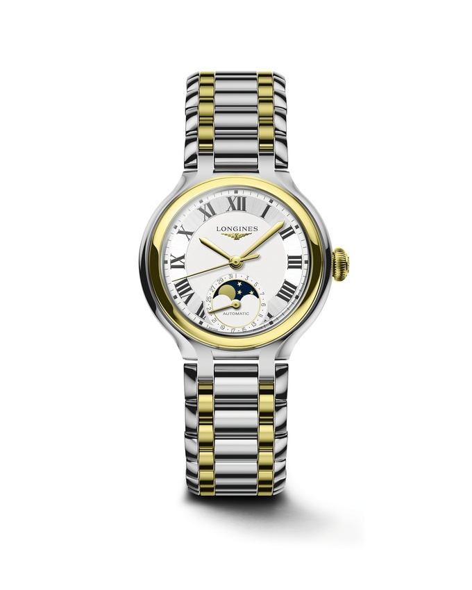 Longines L8.126.5.79.7 : PrimaLuna 34 Automatic Moonphase Stainless Steel - Yellow Gold / Silver - Roman / Bracelet