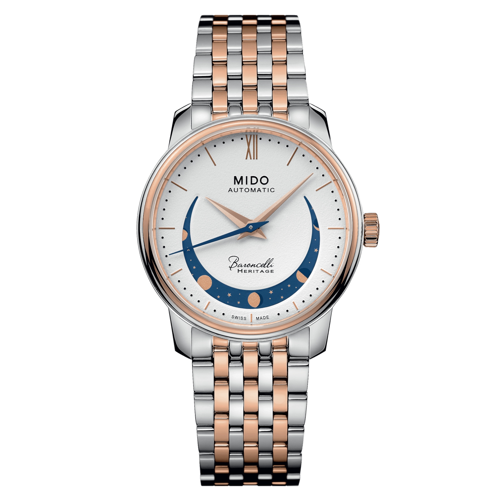 Mido M027.207.22.010.01 : Baroncelli Heritage Smiling Moon 33 Stainless Steel - Rose Gold / White