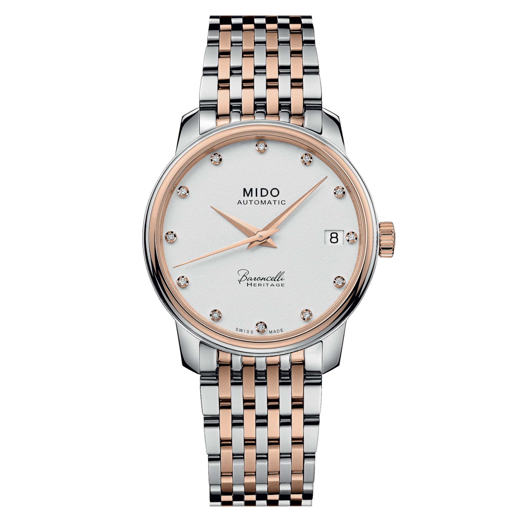Mido M027.207.22.016.00 : Baroncelli Heritage Lady Stainless Steel - Rose Gold / White - Diamond / Bracelet