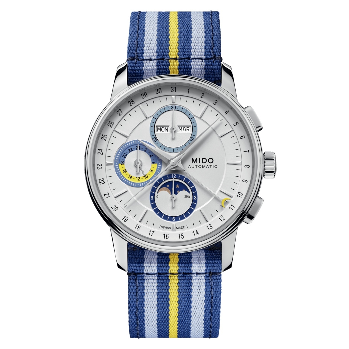 Mido M027.625.17.031.00 : Baroncelli Chronograph Moonphase Stainless Steel / Silver / NATO