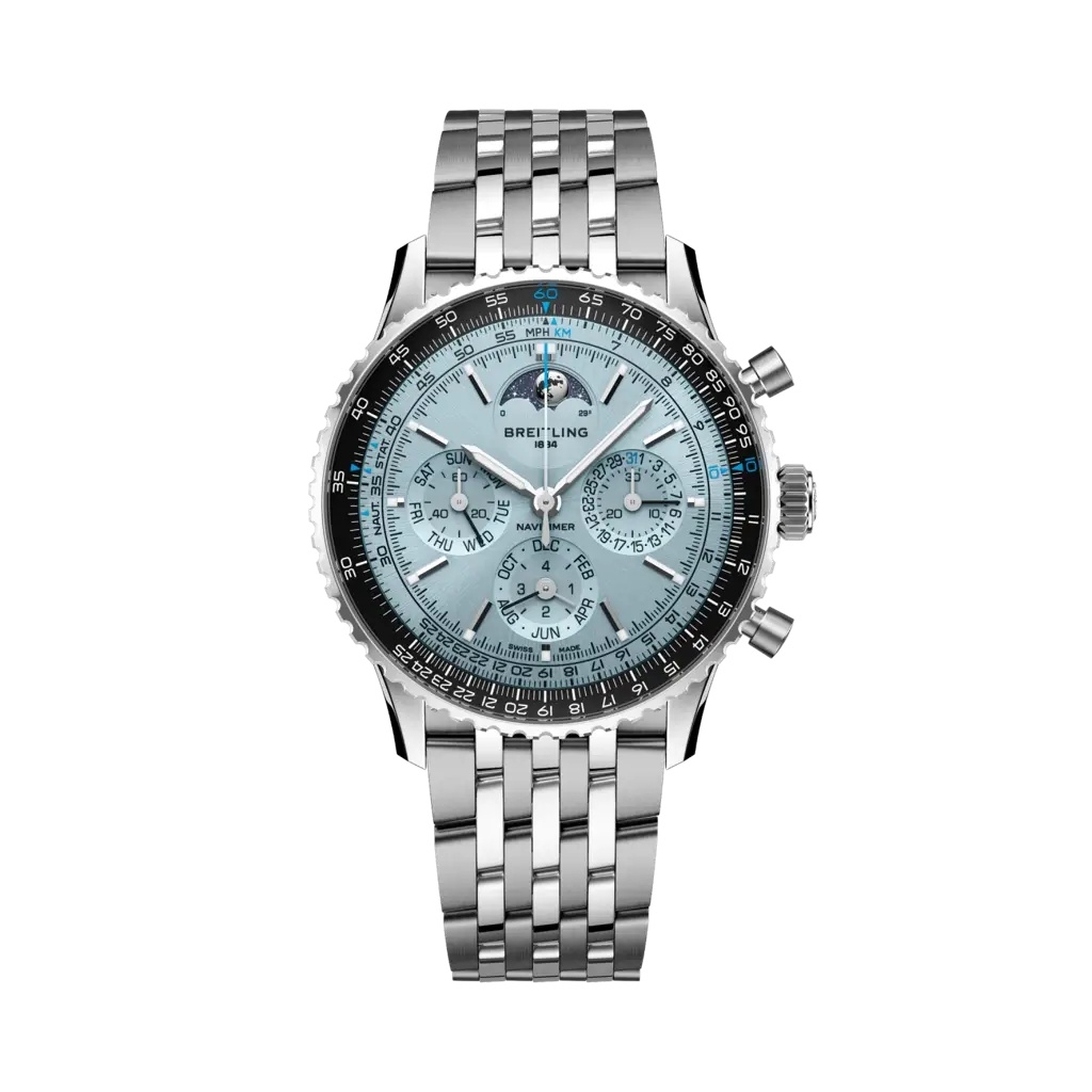 Breitling PB1920251C1A1 : Navitimer B19 Chronograph 43 Perpetual Calendar Stainless Steel - Platinum / Ice Blue / Bracelet