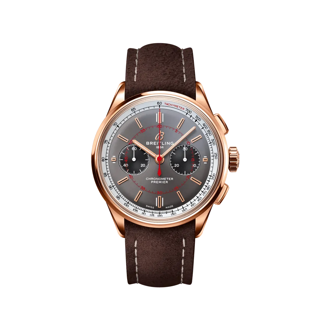 Breitling RB0118A31B1X1 : Premier B01 Chronograph 42 Red Gold / Grey / Nubuck / Wheels & Waves