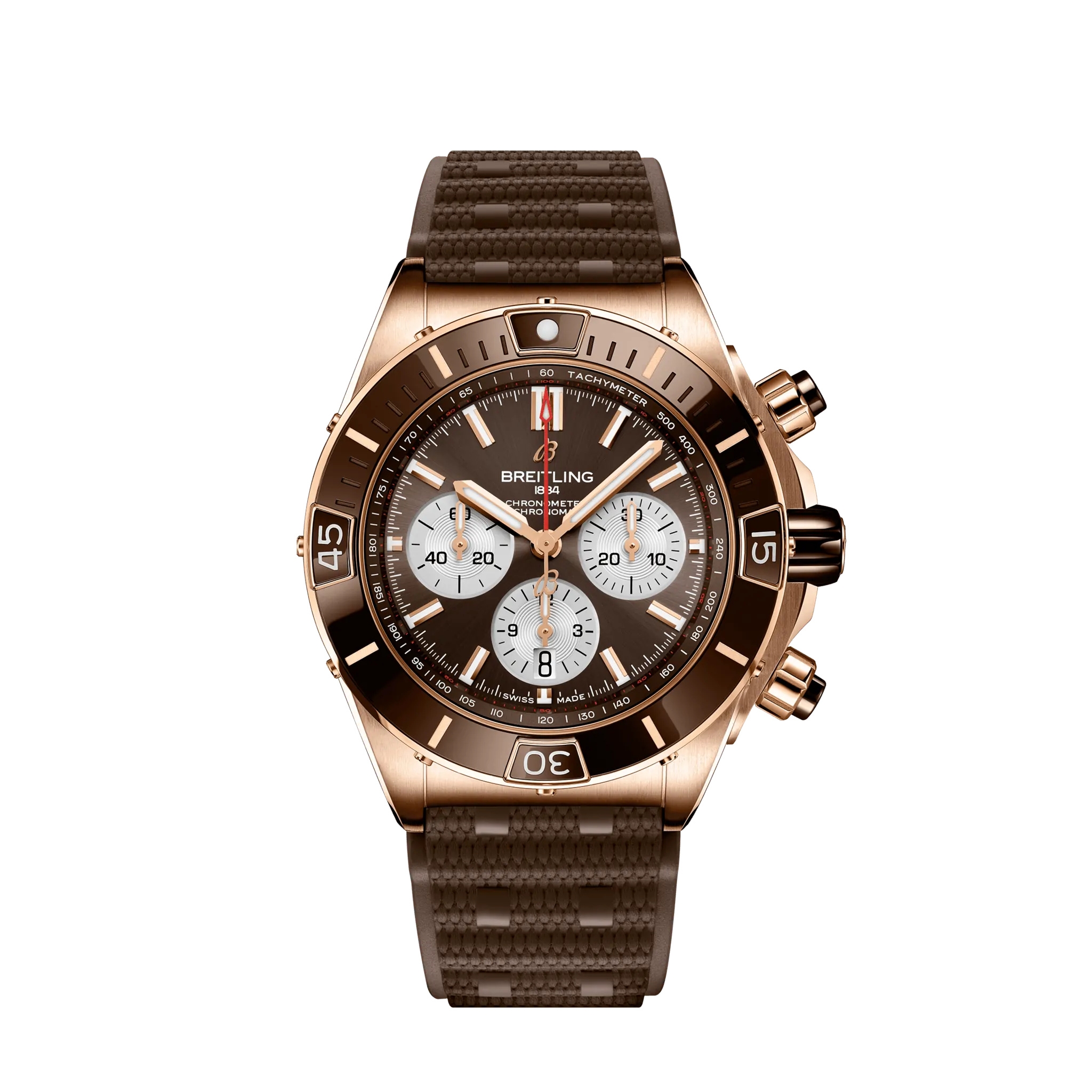 Breitling RB0136E31Q1S1 : Super Chronomat B01 44 Red Gold / Brown / Rubber Rouleaux