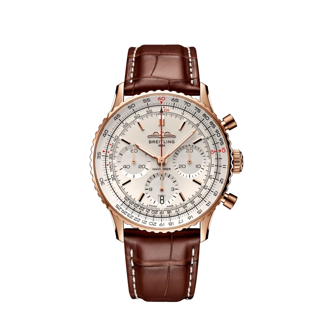 Breitling RB0139211G1P1 : Navitimer B01 Chronograph 41 Red Gold / Silver / Alligator - Folding