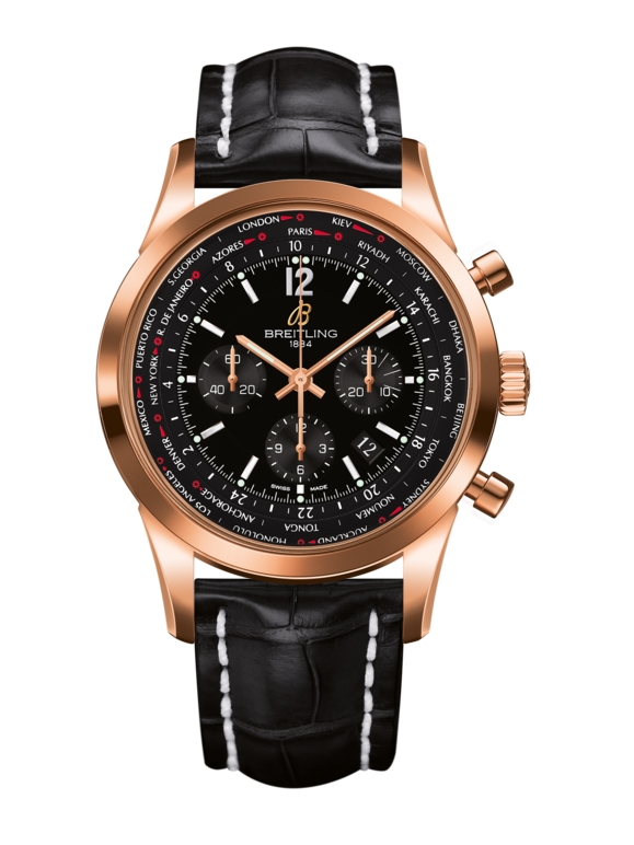 Breitling RB0510U5.BC39.760P : Transocean Chronograph Unitime Pilot Red Gold / Black / Croco