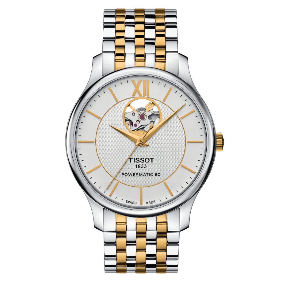 Tissot T063.907.22.038.00 : Tradition Powermatic 80 Open Heart 40 Stainless Steel - Yellow Gold / Silver / Bracelet