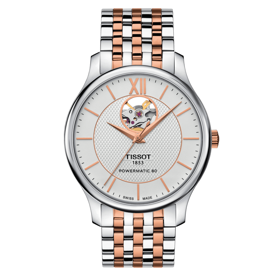 Tissot T063.907.22.038.01 : Tradition Powermatic 80 Open Heart 40 Stainless Steel - Rose Gold / Silver / Bracelet