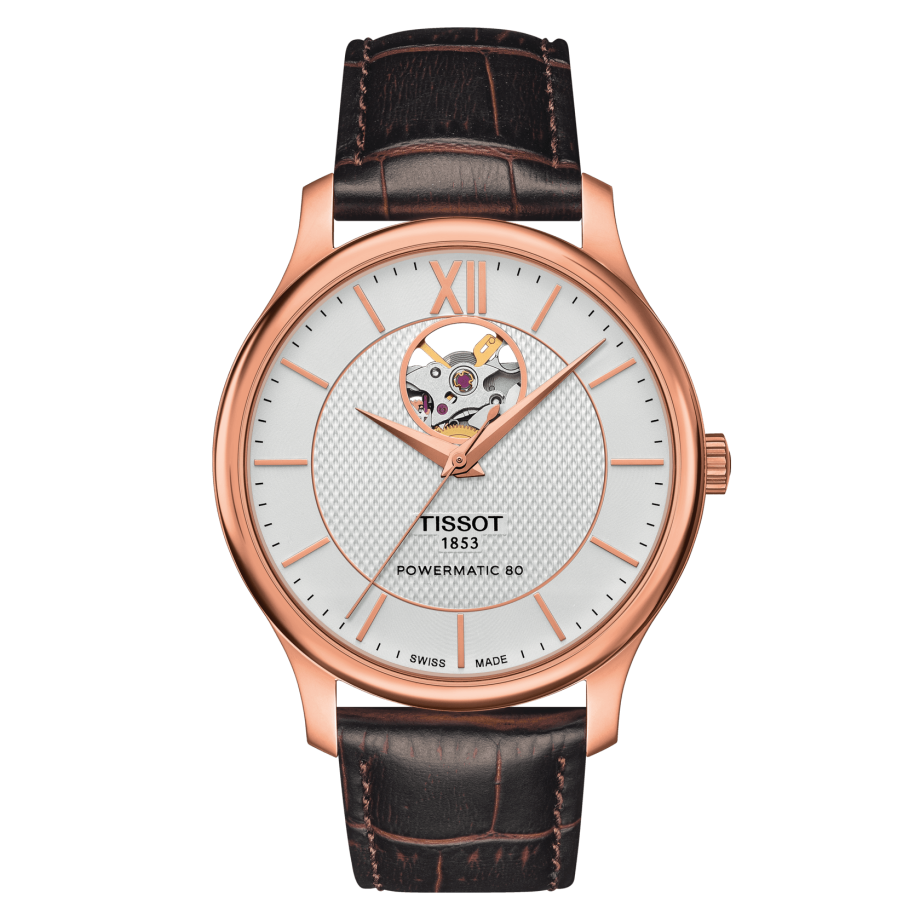 Tissot T063.907.36.038.00 : Tradition Powermatic 80 Open Heart 40 Rose Gold / Silver / Strap